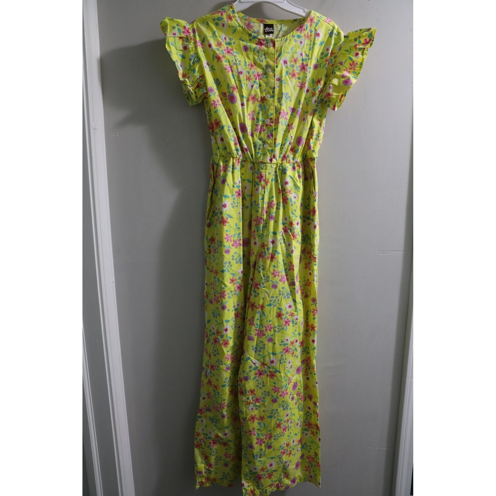 Tea Collection Girls Yellow Floral Flutter Sleeve Wide Leg Jumpsuit Size 12
